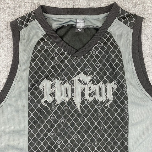 Vtg No Fear Shirt Men XL Black Gray Tank Jersey Skulls Brass Knuckles Swords Y2K - Picture 2 of 10